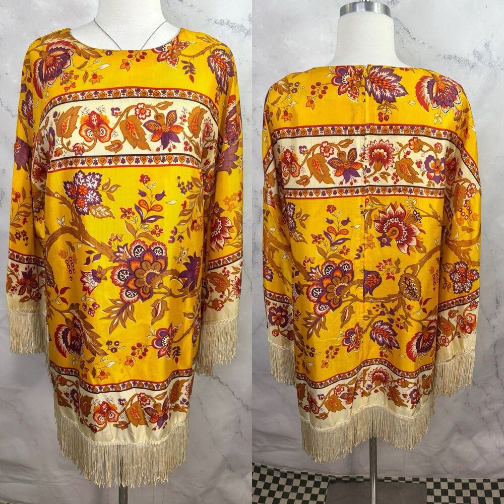 Vtg 60s MOD Mini Fringe Dress Tapestry Hostess SZ S Angel Sleeve Boho MCM Shift